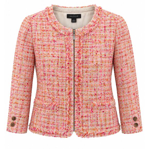 Ann Taylor Jackets & Blazers - Ann Taylor Tweed Bouclé Blazer Plaid Womens Sz 4 Pink Orange Fringe Zip 3/4 NWT